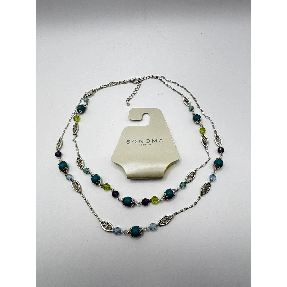 Sonoma Double Strand Necklace Womens Teal Silver Tone‎ Filigree Beaded Layered